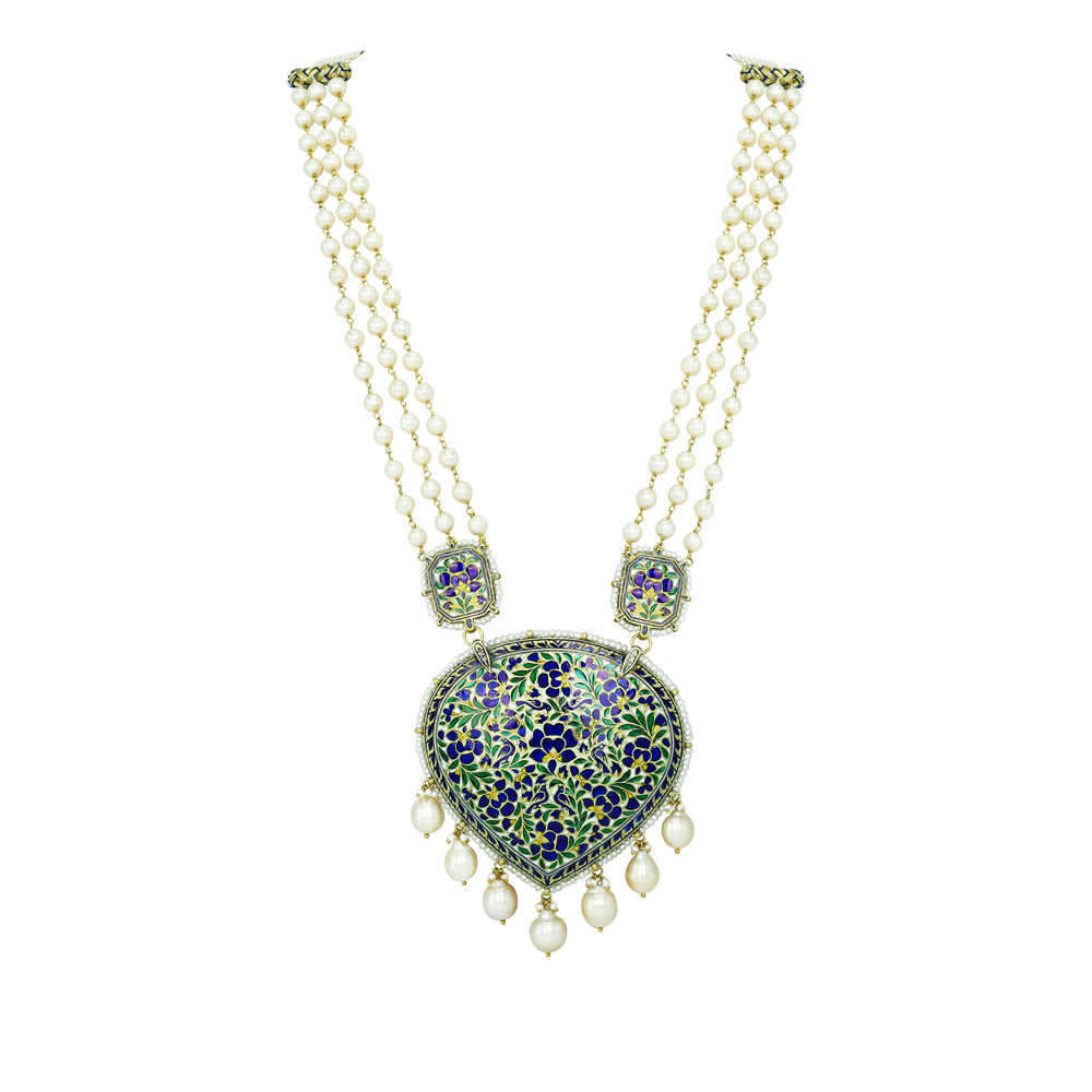 Pearl Strand Necklace with Blue Meena Polki Floral Pendant